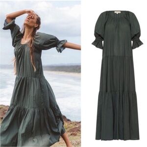 Daughters of India Sahana Emerald Green Cotton Tiered Puff Sleeve Maxi Dress M